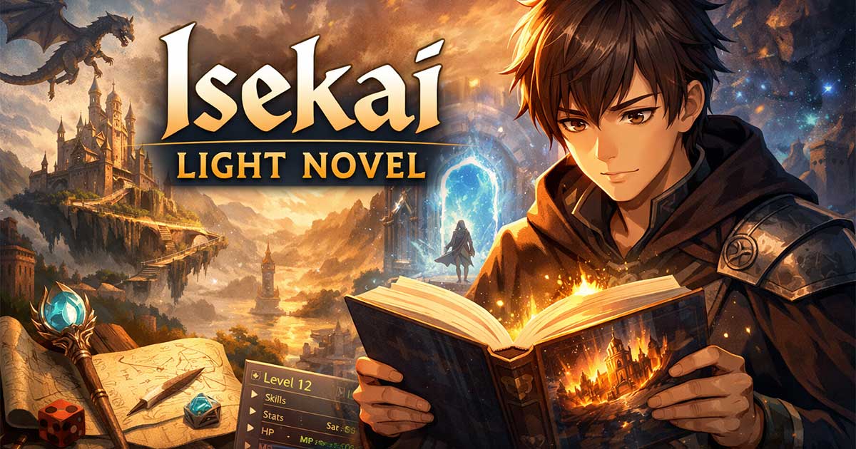 Isekai light novel illustration showing a character reading a magical book with worlds, systems, and progression elements