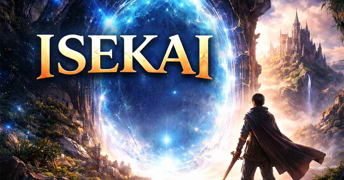Isekai fantasy world portal with a lone hero facing a magical gateway between worlds